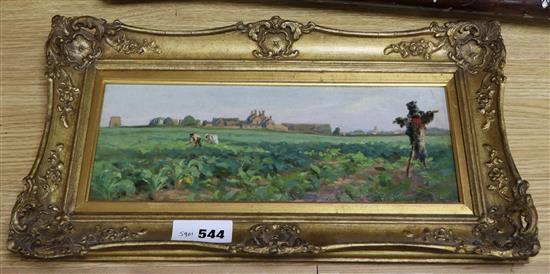 Norman Prescott Davies (fl.1880-1900), oil on board, In The Cabbage Field, signed and dated 1889, 12 x 32.5cm